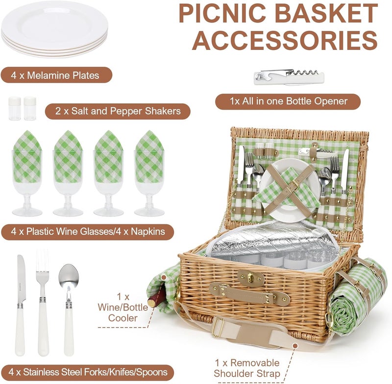 WILLOW WEAVE Picnic Basket for 4, Insulated Willow Picnic Baskets with Shoulder Strap, Picnic Hamper with Waterproof Picnic Blanket, Handmade Wicker Hamper for Outdoor Camping, GreenCheck - Image 2